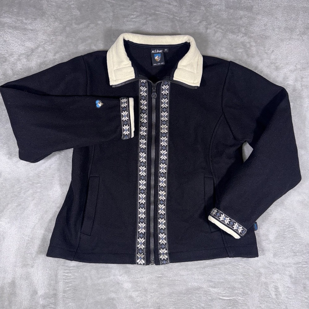 KUHL Alfwear Black Women's Med Full Zip Jacket Cardigan Wool Blend Aztec Sweater